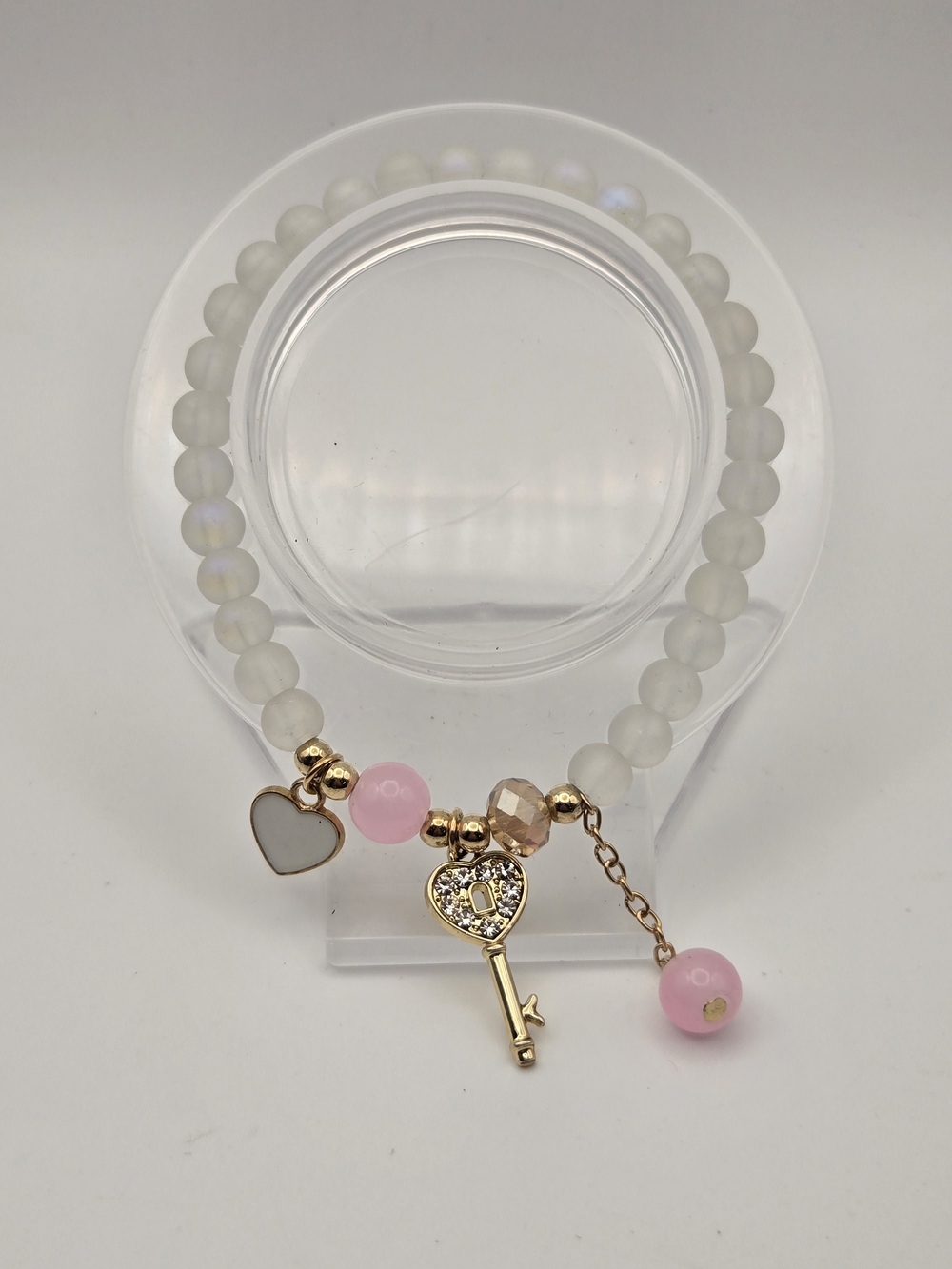 6mm Gold Key & Heart Charm Bracelet with Pink Accents - Women Jewelry - Picture 1 of 3